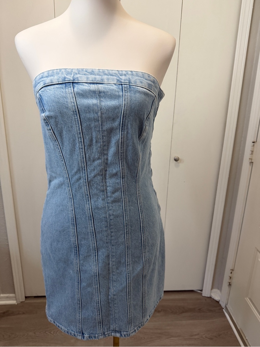 New Look Strapless Light Blue Denim Mini Dress